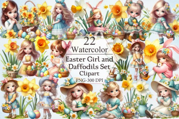Download Easter Girl and Daffodils Set Clipart - Daffodils Collection