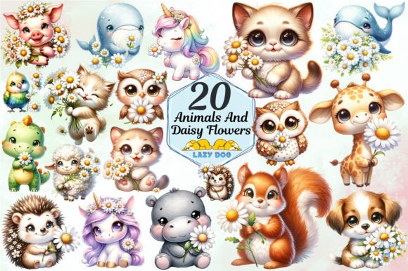 Download Cute Animals &amp; Daisy Flowers Design Set - Flowers design Collection
